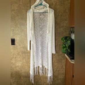 🛑SOLD- Boho Knit Fringe Cardigan Duster Ivory White Open Front Sweater Coat S